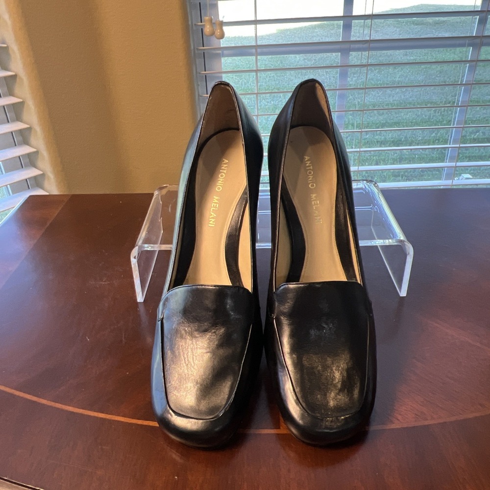 Antonio Melani Womens Black Leather Chunky Block Heel Shoes Sz 10 Career Preppy